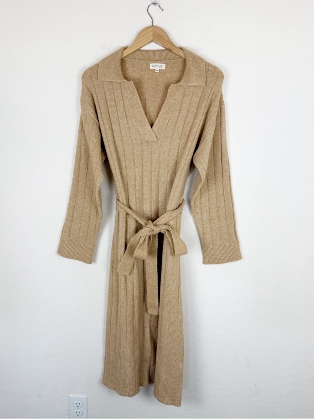 Roolee V-Neck Knit Ribbed Sweater Belted Midi Dress